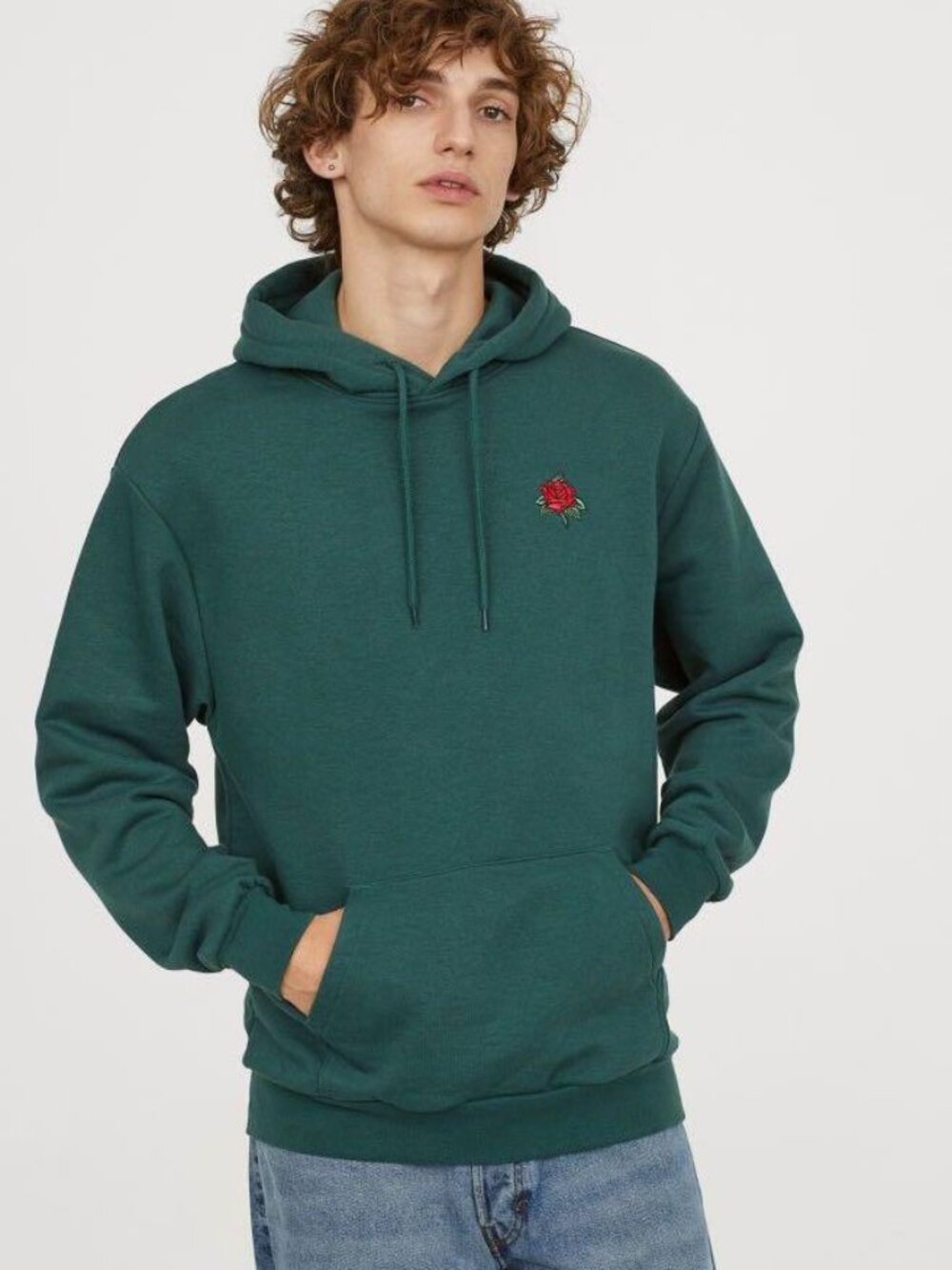 Unisex Green Hoodie with Embroidered Red Rose🌹